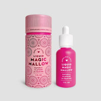 A light gray background features a pink container and a matching dropper bottle labeled Liquid Magic Mallow by Jenna Rae Cakes, natural baking flavour.