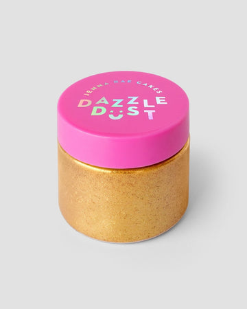 A set of three 20g containers of Jenna Rae Cakes’ 24k Magic Edible Glitter, each small jar with shiny gold powder and a bright pink lid, shown against a plain light gray background.