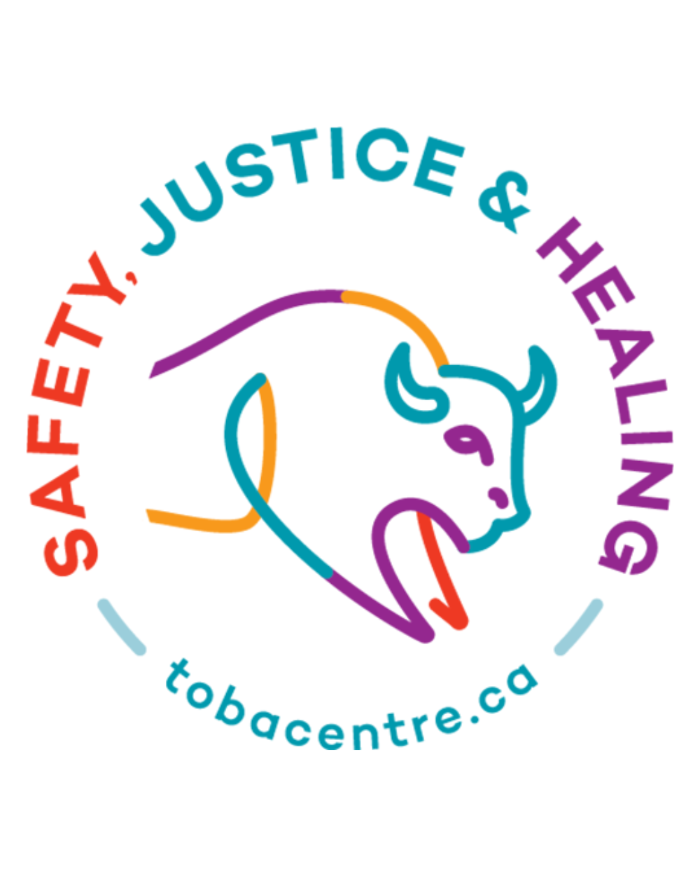 A stylized bison outline in multicolored lines is centered in a circular logo. The words Safety, Justice & Healing curve around the top and tobacentre.ca is at the bottom.