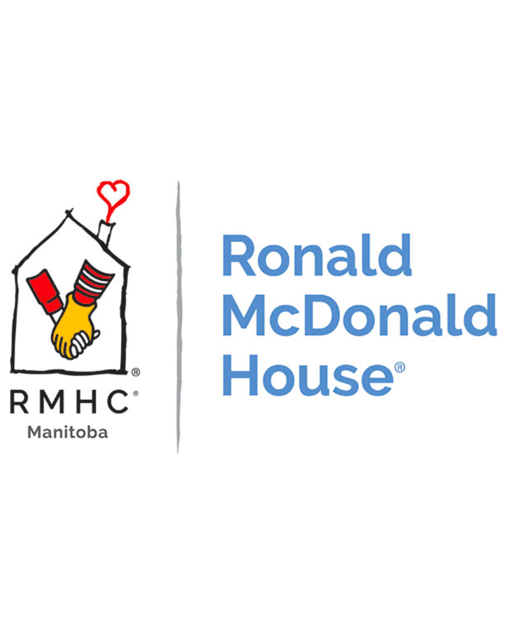 Logo for Ronald McDonald House Charities Manitoba, featuring a house outline with a heart-shaped chimney, two hands shaking inside, and the text “Ronald McDonald House Manitoba” in blue and black.