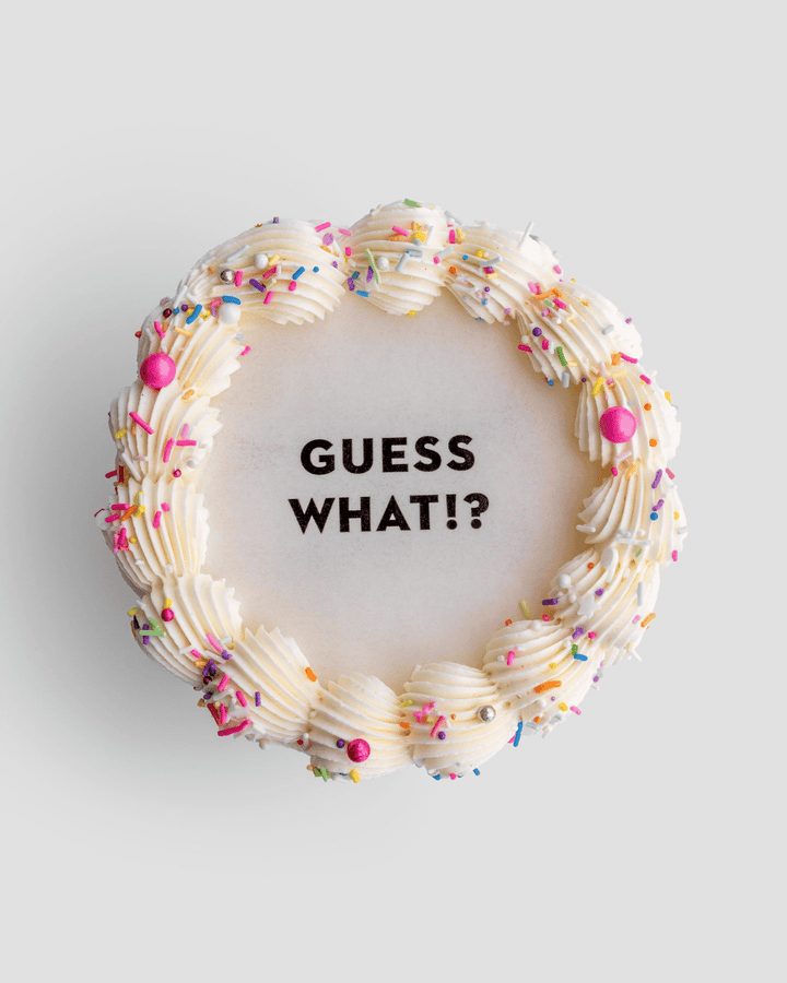 The Burn Away Cake by Jenna Rae Cakes is a round cake with white frosting, colorful sprinkles, pink candy pearls, and GUESS WHAT!? boldly written in black letters at the center.
