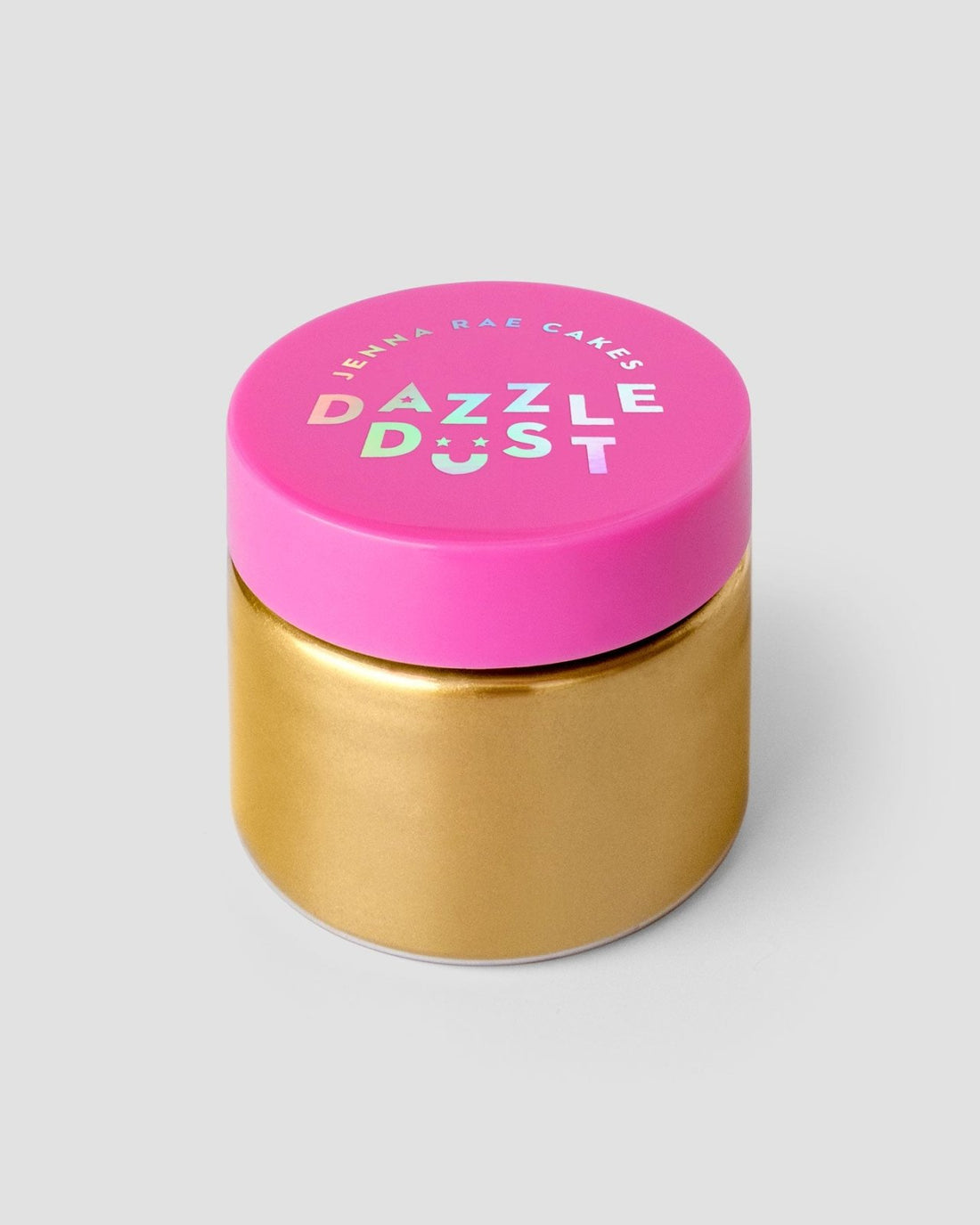 A gold jar with a bright pink lid labeled Antique Gold Edible Lustre Dust by Jenna Rae Cakes, set against a plain light gray background.