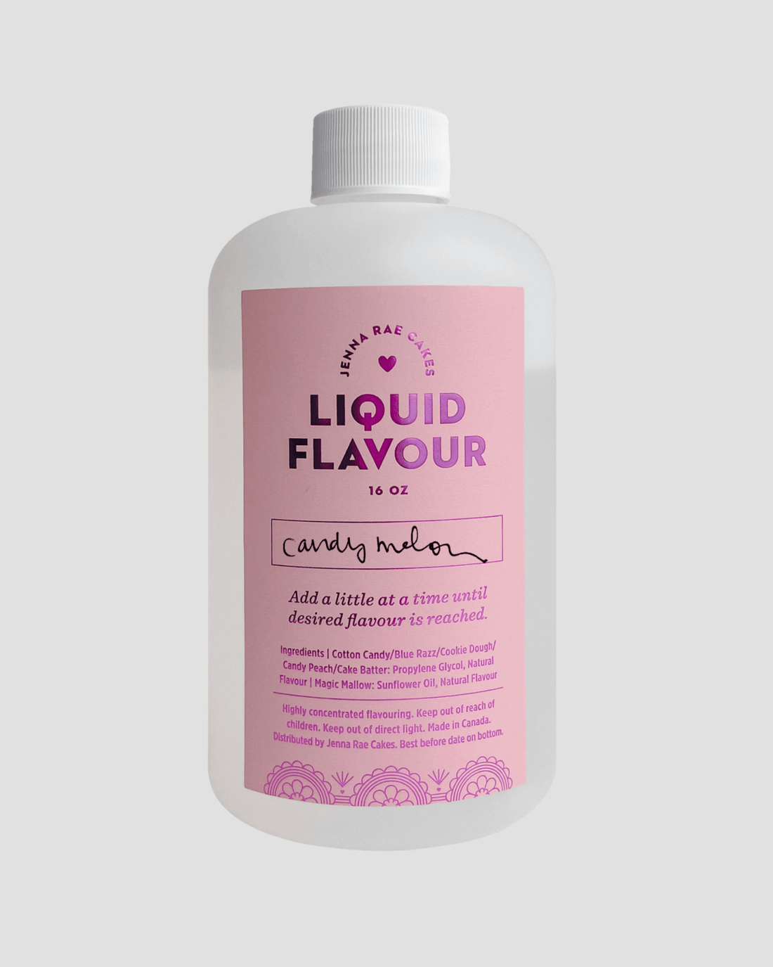 A 16 oz white bottle with a pink label reads Commercial Liquid Candy Melon by Jenna Rae Cakes. The label features usage instructions, ingredients, and floral graphics at the bottom.