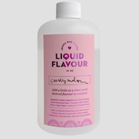 A 16 oz white bottle of Jenna Rae Cakes Commercial Liquid Candy Melon features a pink label and white cap, with instructions and ingredients listed below. The label displays LIQUID FLAVOUR and the product name. Background is light gray.