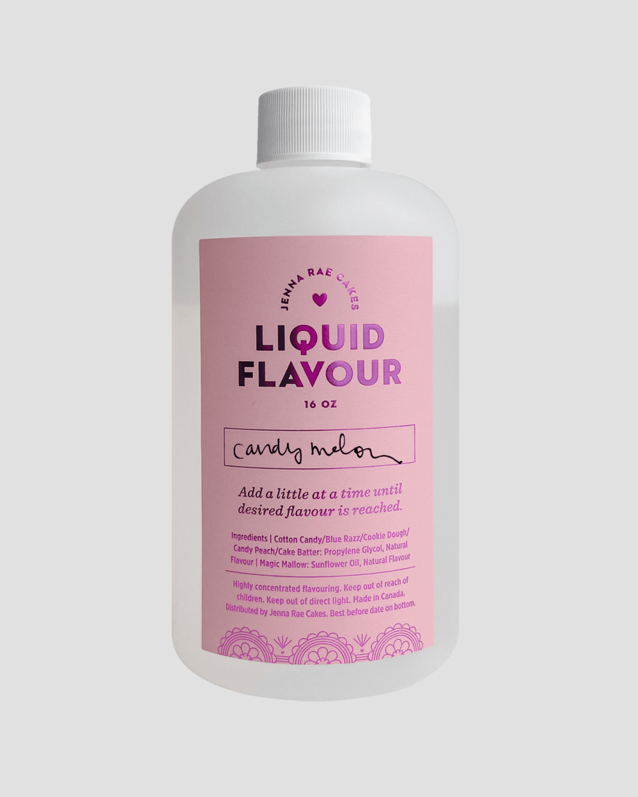 A 16 oz white bottle of Jenna Rae Cakes Commercial Liquid Candy Melon features a pink label and white cap, with instructions and ingredients listed below. The label displays LIQUID FLAVOUR and the product name. Background is light gray.