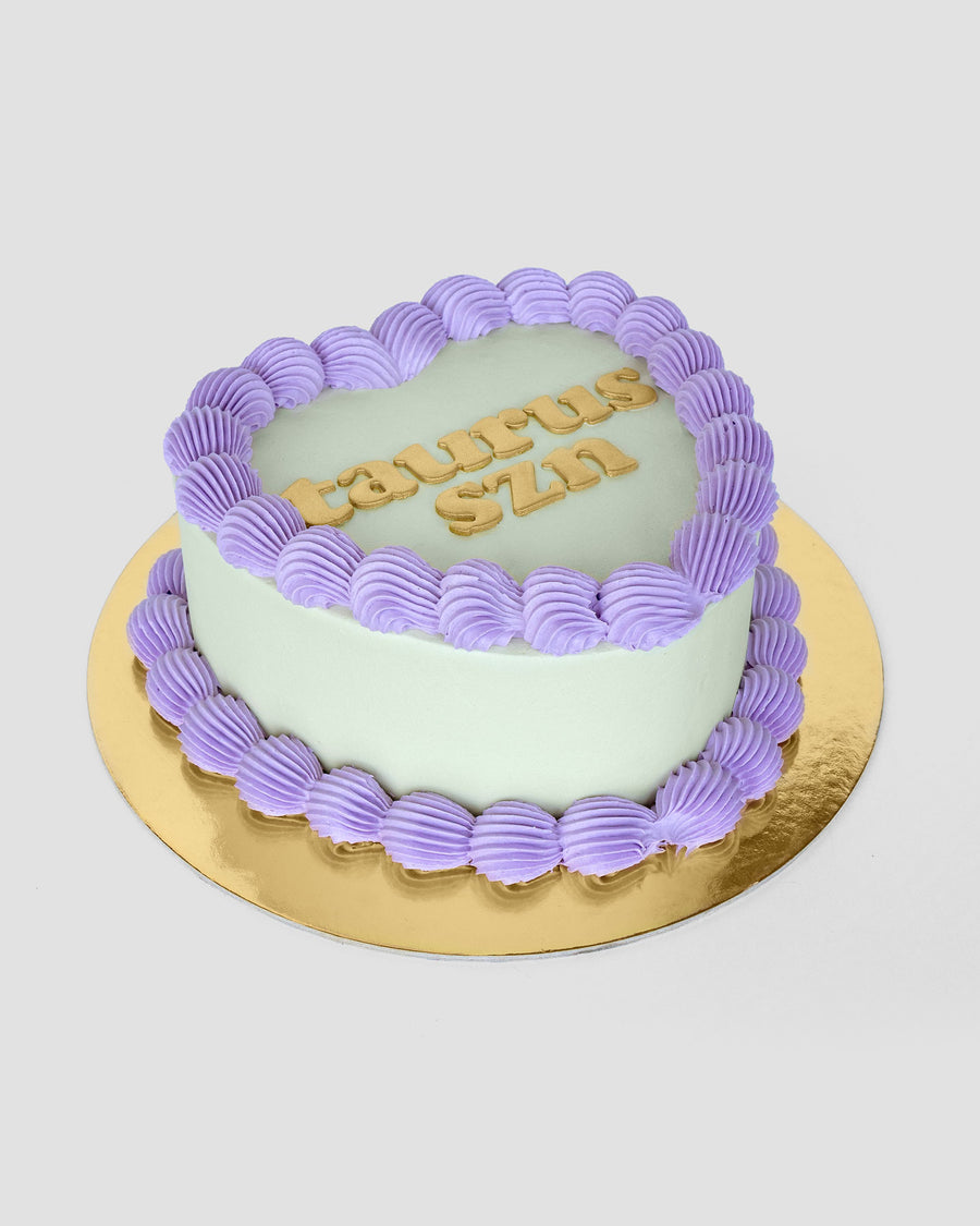 Design This Cake - Cake Size: Short | Cake Colour: Soft Sage Green | Piping Style: Simple | Piping Colour: Lavender | Add Gold Lettering