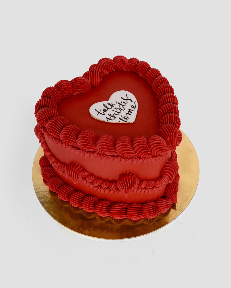 Design This Cake - Cake Size: Tall | Cake Colour: Burgundy | Piping Style: Fancy | Piping Colour: Burgundy | Add Heart Greeting Plaque