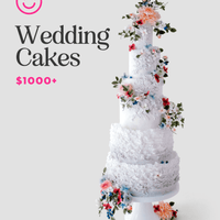 A tall, white, multi-tiered wedding cake with lace-like icing and colorful flowers stands on a white pedestal. Text reads: Jenna Rae Cakes Wedding Cakes $1,000+, with a pink smiley face logo in the top left corner.